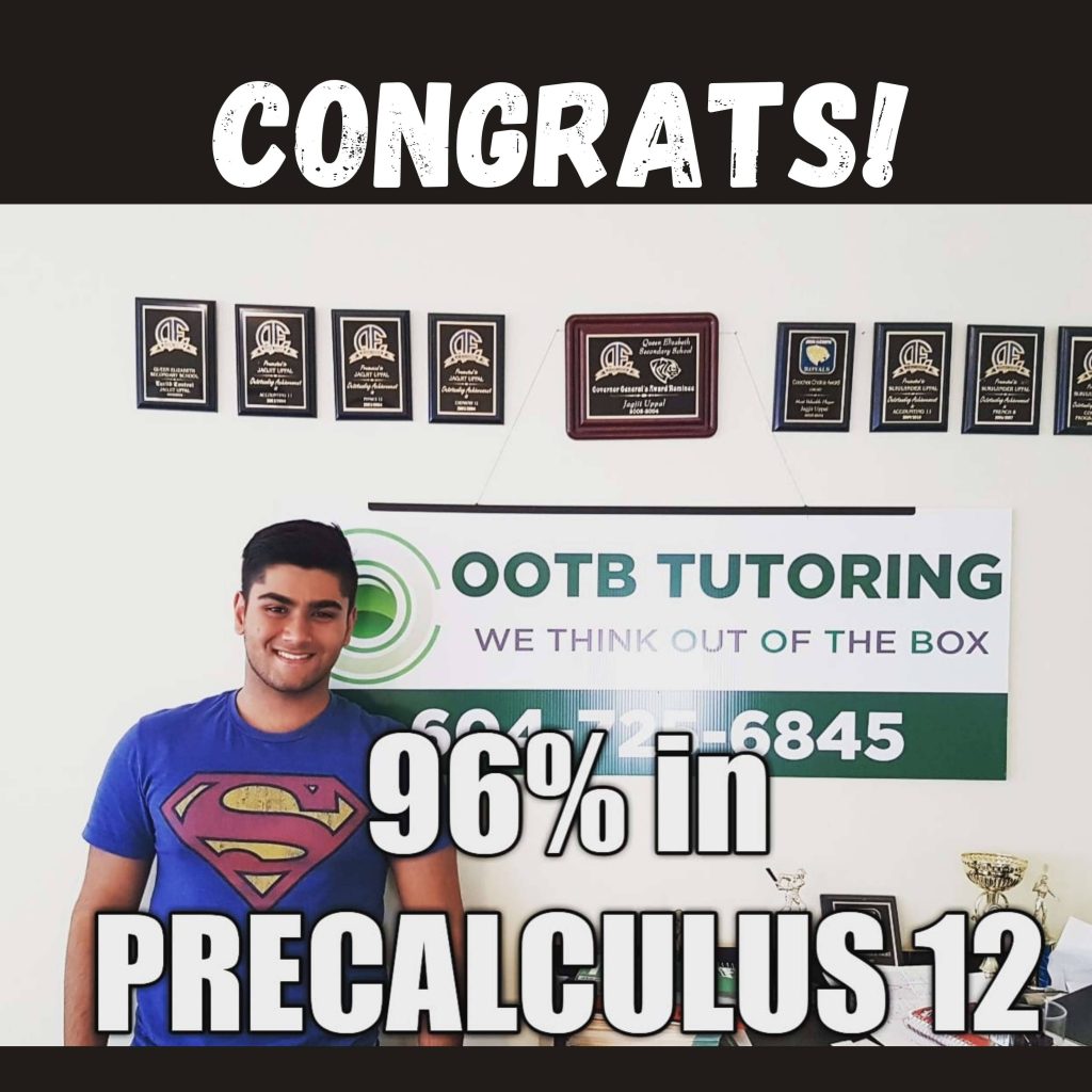 OOTB Tutoring student result: 96% in Pre-Calculus 12, Surrey BC