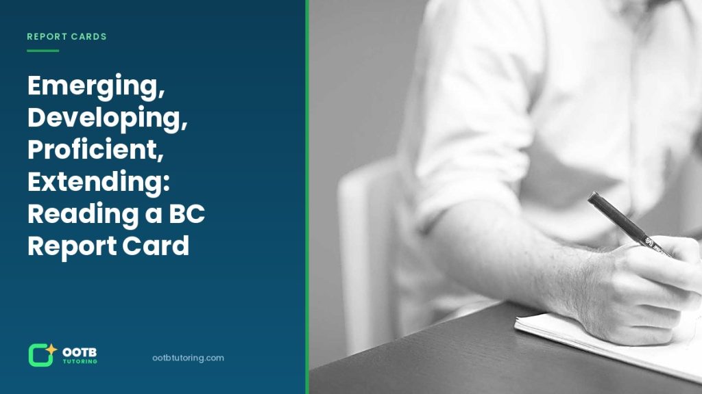 A parent reading through a British Columbia school report card at a desk