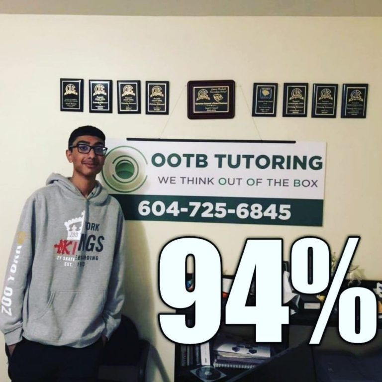 OOTB Tutoring student result: 94% result, Surrey BC