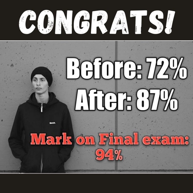 OOTB Tutoring student result: improved from 72% to 87% with 94% on the final exam, Surrey BC